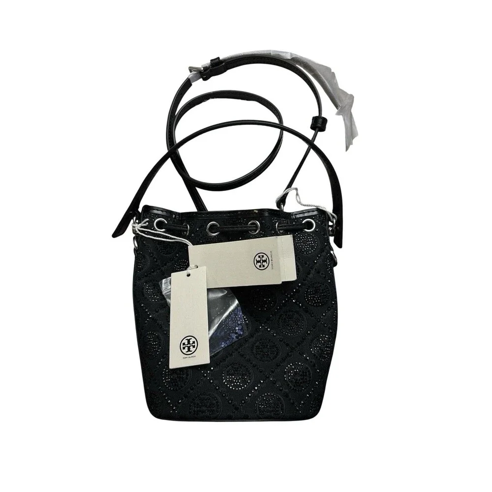 Tory Burch Mini T-Monogram Hot Fix Jacquard Top Handle Bucket In Black New